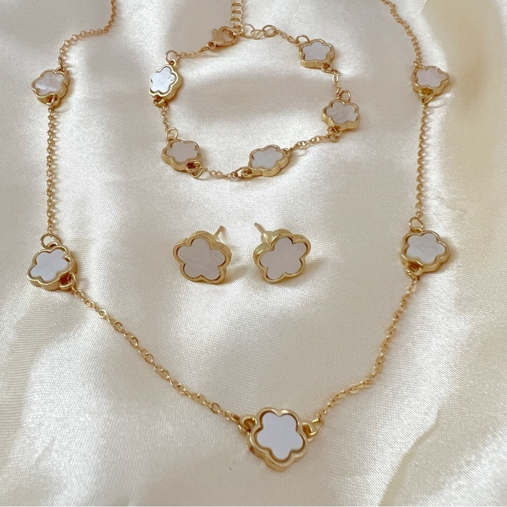 18K Gold Plated Mother Of Pearl clover Necklace SET stainless steel jewelry